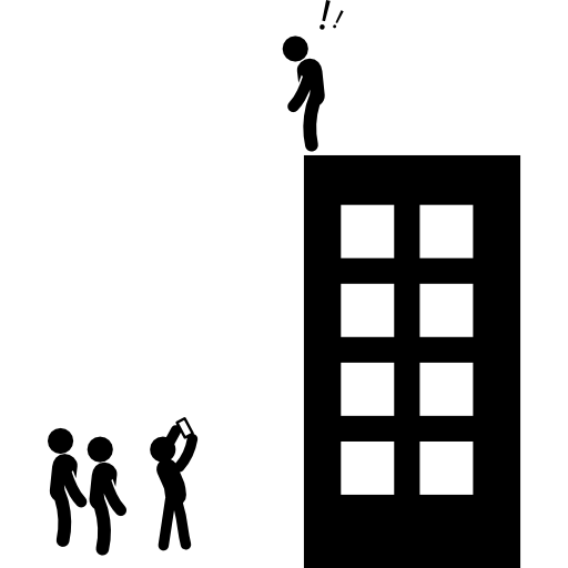 Suicide man standing on top of a building and a group of persons down on the street observing while 